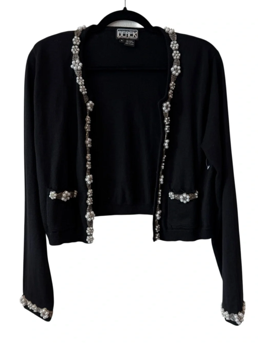 Vintage Berek Takako Sakon Cropped Black Cardigan with Pearls And Sequins Trim - Picture 9 of 16